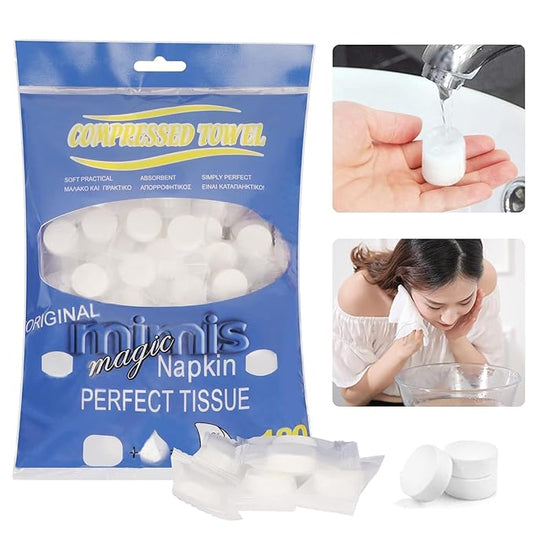 100 PCS Compressed Towel, Mini Tablets Disposable Portable Face Towel Cotton Coin Tissue for Travel, Camping, Hiking, Sport, Beauty Salon, Home Hand Wipes and Other Outdoor Activities