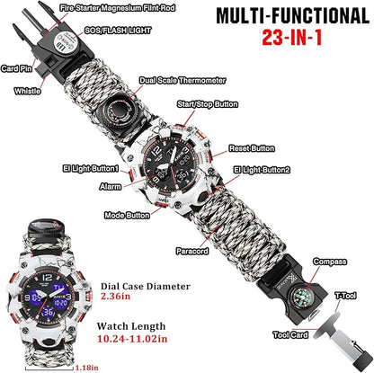 23-in-1 Survival Military Digital Watch, Mens Tactical Multi-Functional and Adjustable Wristband Outdoors Waterproof Sports Dual Dial Watches with Compass Paracord Band