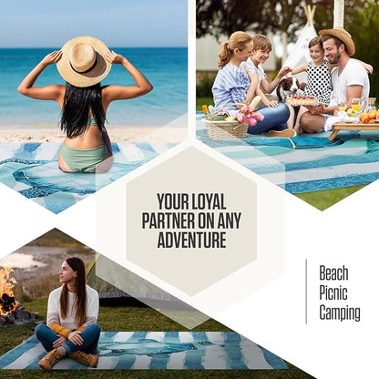 VENTURE 4TH Family-Size Beach Blanket: Sandproof, Waterproof, Lightweight & Compact. Includes Stakes and Carry Bag. 9x10 feet XXL Striped Turtle