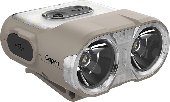 Claymore Capon 120H (Tan) - LED Rechargeable Clip-On Cap Headlamp, Lightweight Hat Light for Camping, Running, Hiking, Emergency & Industrial Use, Waterproof, USB-C, Up to 45 Hours of Battery Life.