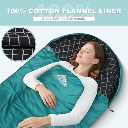 AGEMORE Cotton Flannel Sleeping Bag for Adults, Lightweight XXL Cotton Sleeping Bag for Camping Backpacking or Hiking, Water Resistant 3-4 Season Sleeping bag for Warm & Cool Weather