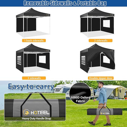 HOTEEL 10x10 Pop up Canopy Tent for Parties, Heavy Duty Easy Setup Tent with 4 Sidewalls, Outdoor Commercial Instant Gazebo for Wedding Event, with Portable Bag & Sand Bags, Black(Hexagonal Frame)