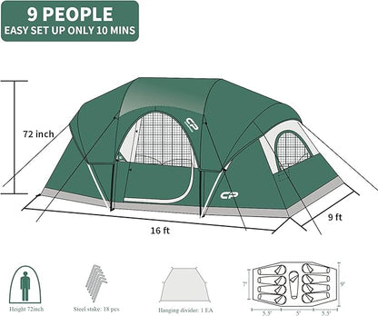 CAMPROS CP Camping Tent 10 Person Family Cabin Tent, 2 Room Water Resistant Waterproof Tent with Top Rainfly, 4 Large Mesh Windows, Double Layer, Easy Set Up, Portable with Carry Bag, 16ft x 9ft x72in