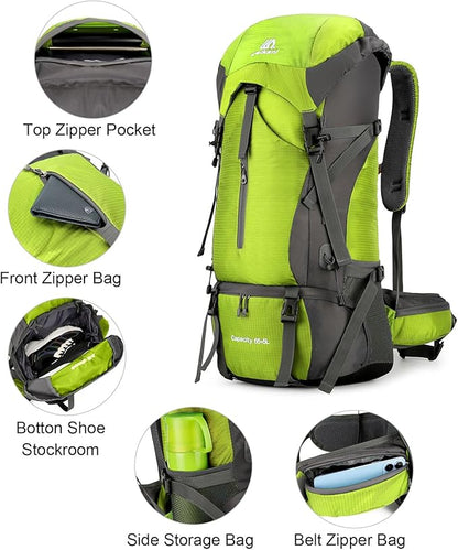 ShowyLive 70L Hiking Backpack - Lightweight Waterproof Travel Backpack for Men & Women, Foldable Daypack with Rain Cover for Camping & Outdoor (Fluorescent Green)