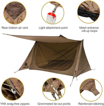 OneTigris Backwoods Bungalow Bushcraft Shelter 2.0, Ultralight Backpacking Tent with with Porch for Camping Hiking Backpacking Motorcycle Kayak Bushcrafters
