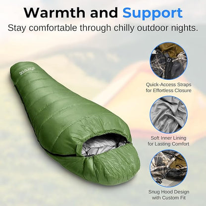 SereneLife 0 Degree Mummy Sleeping Bag – Military-Style, Lightweight & Waterproof for Extreme Cold, Stays Warm in 5–10°F, No-Snag Zipper, Compact Carry Bag & Travel Pillow for Camping & Backpacking