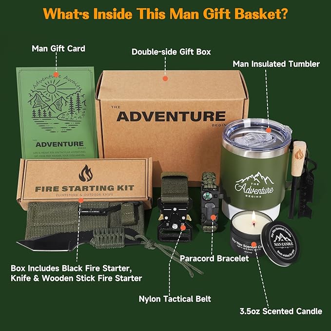 Gifts Set for Men,Dad Gift Box Dad Gifts from Son Daughter,Gift for Father's Day Birthday Tumbler Mug Gift Box Basket, Cool Camping Ourdoor Survival Kit for Son Dad in Law Husband
