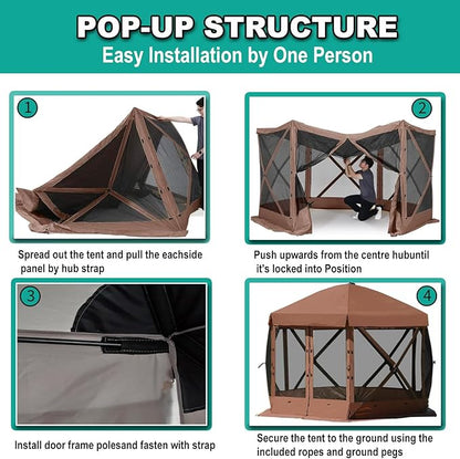 10 x 10 FT Pop Up Screen Tent, Portable Outdoor Camping Gazebo with Ground Stakes and Carry Bag, Brown