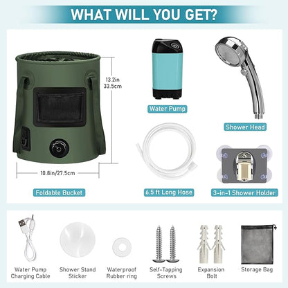 Camping Shower Tent Kit, Pop Up Privacy Shelter with LED Lights, Portable Shower Pump with 6.6 Gallons Collapsible Bucket Camp Bathroom for Adults Outdoor Hiking