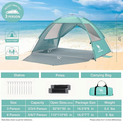 CAMEL CROWN Beach Tent UPF 50+ Sun Shelter for 2/3/5/6 Person, Lightweight Portable Sun Shade with Sand Anchor, Family Beach Day & Outdoor Adventures