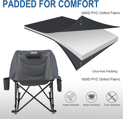 Oversized Camping Chair for Adults, Lawn Chairs Outdoor Fold up, Rocking Camping Chairs with Pillow for Picnic, Heavy-Duty 600D Oxford Cloth with Cup Holder, 350 Pound Capacity, Grey.