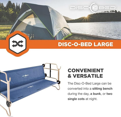 Disc-O-Bed Large Outdoor Convertible 2 Person Bench and Double Camping Cot Portable Bed Bunk System for Adults, Navy