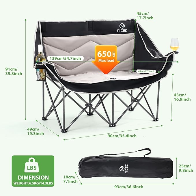 Nice C Loveseat Camping Chair, Double Camping Chair, Outdoor Camping Couch, Oversized Camping Loveseat, Padded Folding Chair for Adults, with Cooler Bag, Wine Glass Holder (Black&Grey)