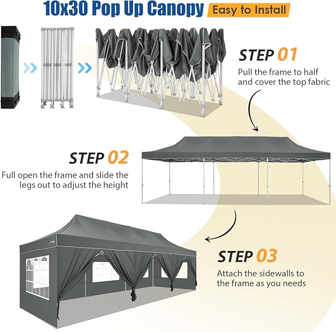 HOTEEL 10x30 Pop up Canopy Tent for Parties, Heavy Duty Easy Setup Tent with 8 Sidewalls, Outdoor Commercial Instant Gazebo for Wedding Event, with Portable Bag & Sand Bags, Grey(Hexagonal Frame)