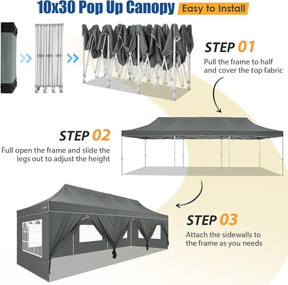 HOTEEL 10x30 Pop up Canopy Tent for Parties, Heavy Duty Easy Setup Tent with 8 Sidewalls, Outdoor Commercial Instant Gazebo for Wedding Event, with Portable Bag & Sand Bags, Grey(Hexagonal Frame)