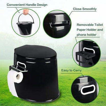Camping Toilet, Portable Toilet for Adults & Kids, 5.3 Gallon Camping Toilet with Detachable Inner Bucket and Removable Toilet Paper Holder (Black)