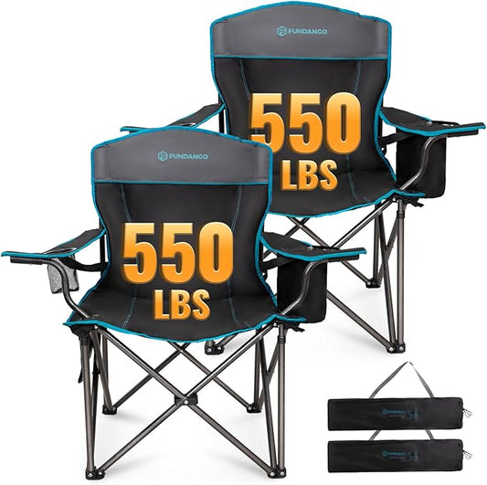 FUNDANGO Oversized Camp Chair, 2 Pack,550lbs Heavy Duty Portable Foldable Lawn Chair with Padded Lumbar Support Seat & Back, 4-can Cooler & Cup Holder, Carry Bag Included for Outdoor (Black/Grey)