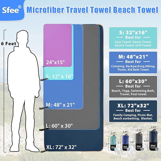 Sfee 2 Pack Microfiber Travel Towel, Quick Dry Towel Camping Towel Beach Towel Super Absorbent Compact Lightweight Sports Towel Gym Towel Set for Beach, Gym, Hiking, Pool, Backpacking, Bath, Yoga
