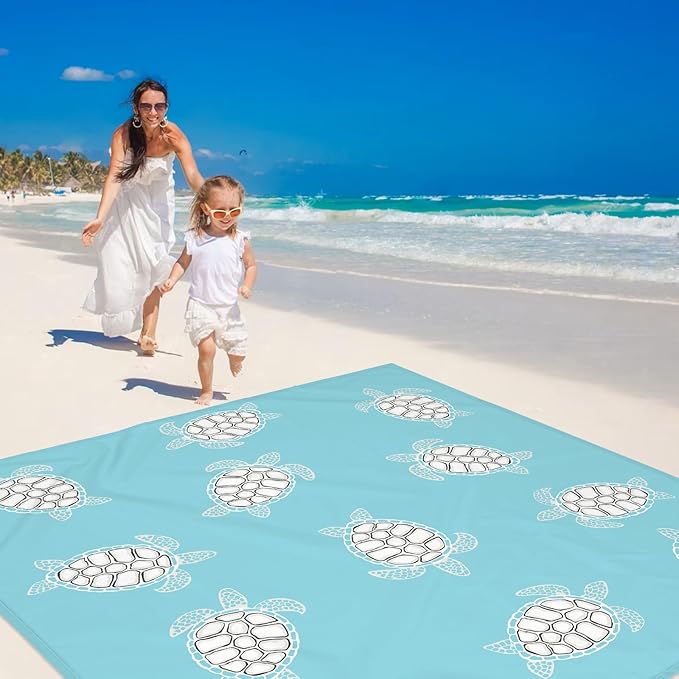 Beach Blanket Waterproof Sandproof Oversized, 10'X 9' Extra Large Beach Mat Fits Up to 10 People, Lightweight & Compact Polyester Picnic Blankets for Outdoor, Travel, Camping, Hiking-Baby Sea Turtle