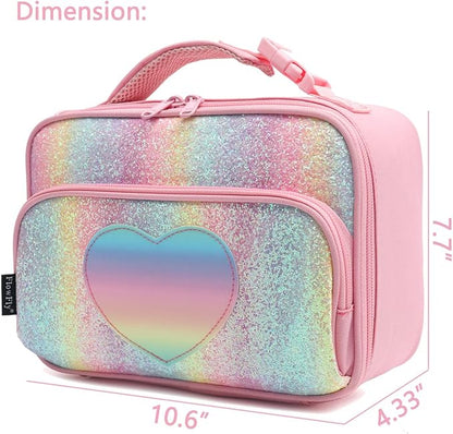 FlowFly Kids Lunch box Insulated Soft Bag Mini Cooler Back to School Thermal Meal Tote Kit for Girls, Boys,Glitter-RainBow