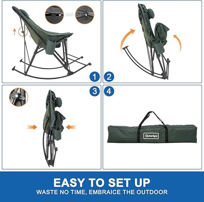 Oversized Rocking Camping Chair for Adults Heavy Duty,Padded Outdoor Rocking Chair Lawn Chairs Portable Rocking Camp Chairs with Side Pocket and Carry Bag for Indoor,Beach,Camp,Lawn,Outdoor