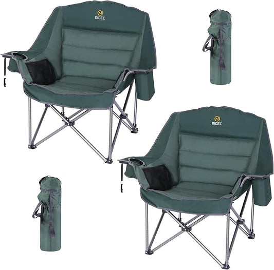 Nice C Camping Chairs, Oversized XL Padded Camping Chair, Outdoor Chair, Lawn Chairs, Lounge Chair, Wide&Thick, Heavy Duty 400lb, Carry Bag, Cupholder & Cooler (Two Green)