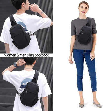 SEAFEW Small Black Sling Crossbody Backpack Shoulder Bag for Men Women, Lightweight One Strap Back Pack Sling Bag Backpack for Hiking Walking Biking Travel Cycling USB Charger Port-Nylon