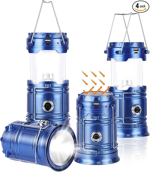 Solar Camping Lantern for Power Outages - USB Rechargeable Lamp Camping Essentials，Collapsible Waterproof Solar Lights for Indoor Outdoor Emergency Light/4 Packs/Blue