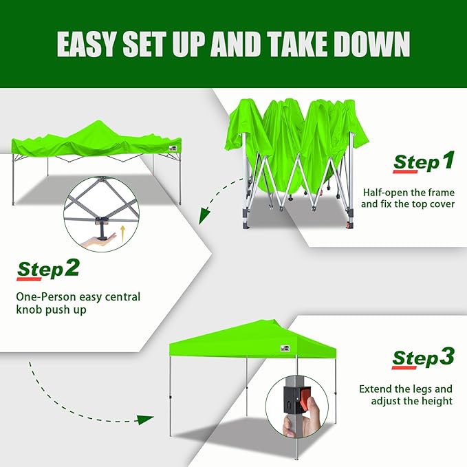 Eurmax USA NOMATTER ONE-Person Open&Close 10x10ft Pop Up Canopy Tent，Portable Shelter Canopy for Outdoor Events，Instant Canopies, Temporary Sunshade,Bonus 4 Sand Bags(Hi-Vis Green)