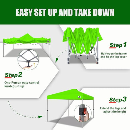 Eurmax USA NOMATTER ONE-Person Open&Close 10x10ft Pop Up Canopy Tent，Portable Shelter Canopy for Outdoor Events，Instant Canopies, Temporary Sunshade,Bonus 4 Sand Bags(Hi-Vis Green)