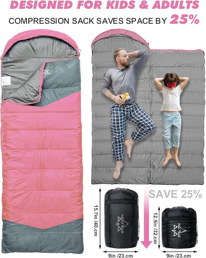 Sleeping Bag for Adults Cold Weather & Warm, Lightweight Backpacking Camping Hiking Essentials Gear for Kids 10-12 Girls Boys Compact w/Compression Sack Indoor Outdoor Sleep Must Haves