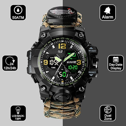 23-in-1 Survival Military Digital Watch, Mens Tactical Multi-Functional and Adjustable Wristband Outdoors Waterproof Sports Dual Dial Watches with Compass Paracord Band