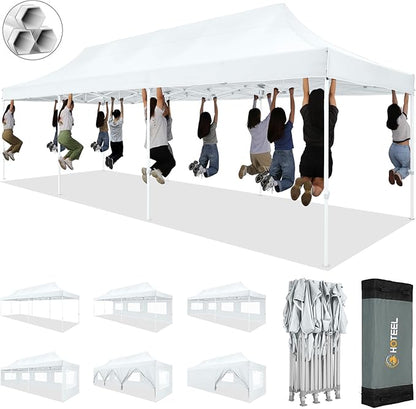 HOTEEL 10x30 Pop up Canopy Tent for Parties, Heavy Duty Easy Setup Tent with 8 Sidewalls, Outdoor Commercial Instant Gazebo for Wedding Event, with Portable Bag & Sand Bags, White(Hexagonal Frame)