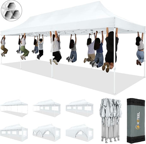 HOTEEL 10x30 Pop up Canopy Tent for Parties, Heavy Duty Easy Setup Tent with 8 Sidewalls, Outdoor Commercial Instant Gazebo for Wedding Event, with Portable Bag & Sand Bags, White(Hexagonal Frame)