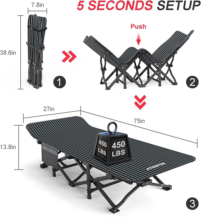ATORPOK Camping Cot for Adults with Cushion Comfortable, Tent Folding Cot for Sleeping, Lightweight Folding Bed with Carry Bag Supports 450 lbs
