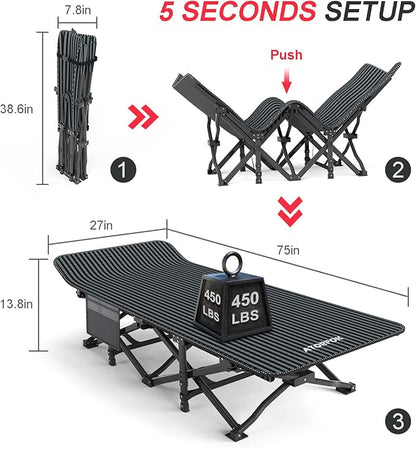 ATORPOK Camping Cot for Adults with Cushion Comfortable, Tent Folding Cot for Sleeping, Lightweight Folding Bed with Carry Bag Supports 450 lbs