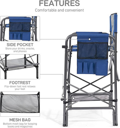 EVER ADVANCED 2 Piece Tall Folding Chair 30.7" Seat Height Directors Chair High Foldable Bar Stool for Makeup Artist Face Painting with Side Table Cup Holder Supports 350LBS