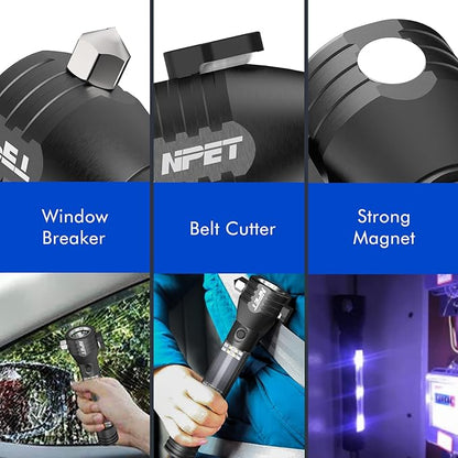 NPET T09 Solar Flashlight Car Flashlight 268 Lumens LED COB Light USB Rechargeable Tactical Multi-Function Torch Tool with Window Breaker Seat Belt Cutter Compass