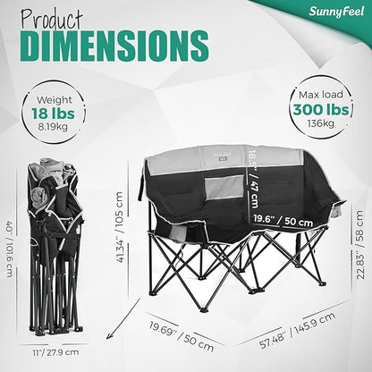 SUNNYFEEL Heated Double Camping Chair, Oversized Folding Loveseat Chair, Heavy Duty Portable/Foldable Lawn Chair for Beach/Outdoor/Travel/Picnic, Fold Up Camp Chairs for Adults 2 People