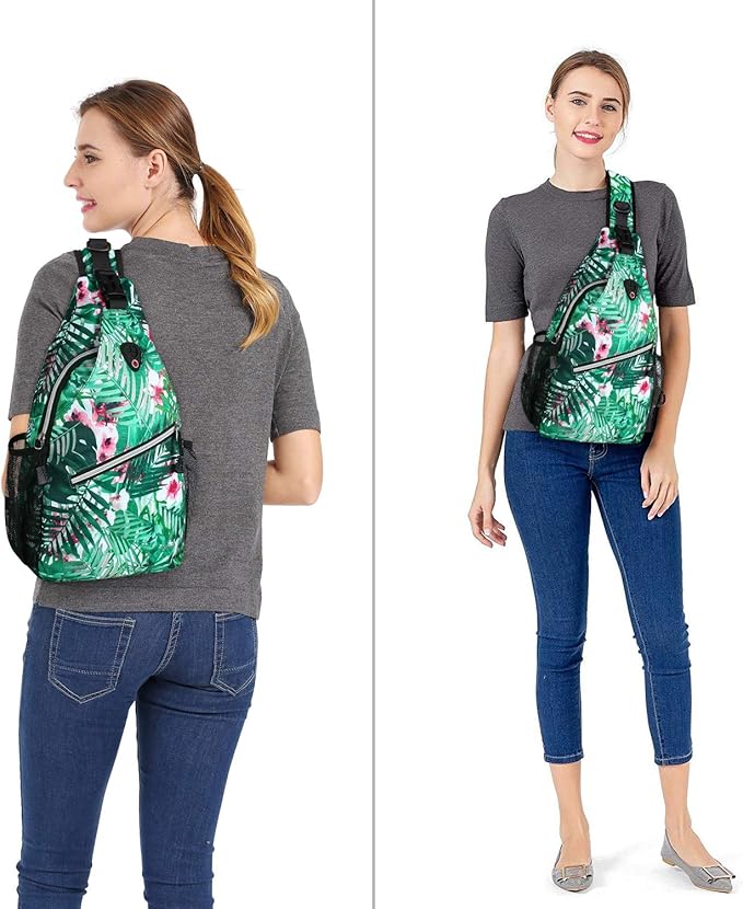 MOSISO Sling Backpack,Travel Hiking Daypack Pattern Rope Crossbody Shoulder Bag, Palm Leaf Flower