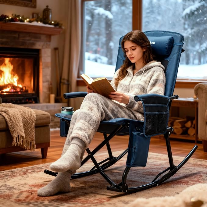 PORTAL Oversized Folding Rocking Camping Chair Portable Outdoor Rocker with High Back Hard Armrests Carry Bag, Supports 400 lbs