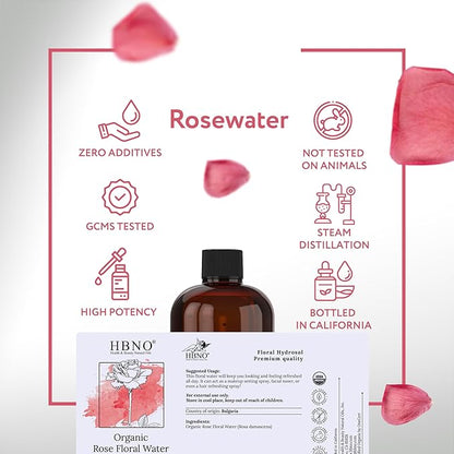 HBNO California Bottled Organic Rose Water for Face - 16 fl oz (480ml) Value Size - USDA Certified Pure for Hair, Skincare, Haircare