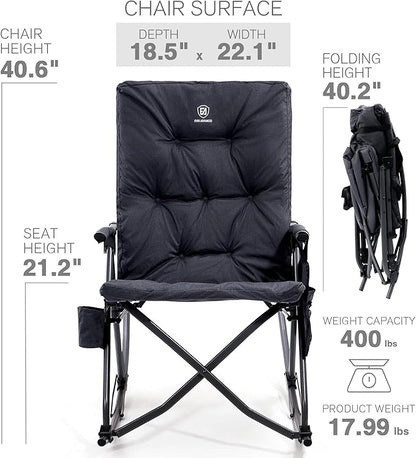 EVER ADVANCED Oversized Folding Rocking Camping Chair, Padded Portable Rocker Chairs for Patio, Lawn and Outdoors, Heavy Duty Hard Armchair for Adults Supports 400lbs, Black