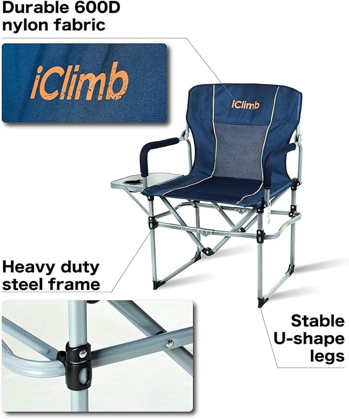 iClimb Heavy Duty Compact Camping Folding Mesh Chair with Side Table and Handle