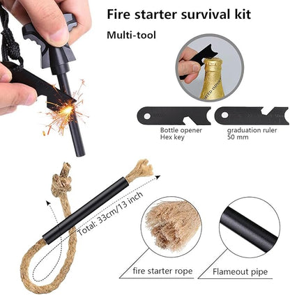 Flint and Steel Fire Starter Kit - Premium Ferro Rod and Magnesium Stick with Tinder Hemp Rope - Portable Fire Starter Survival Tool for Campfires/Camping/Bushcraft/Hiking and Emergency Rescue.