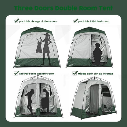 Camping Shower Tent Deluxe Changing Room Easy Set Up Privacy Shelter,Large Toilet Tent 2 Rooms with Floor Drain Design for Beach, Camping,Hiking with Stakes and Ropes for Stability