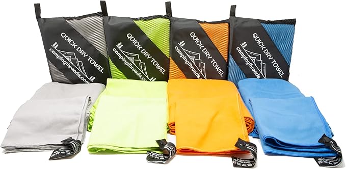 Camping Threads Quick Dry Microfiber Camp Towels Family Four Pack - includes 4 XL Body Towels and 4 Washcloths