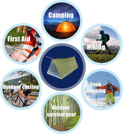 1 Piece Survival Shelter, Polyester Film Emergency Tent Survival Kit with String Bundle Pocket Whistle for Hiking, Car Camping, First Aid Hurricane