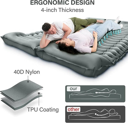 Double Camping Sleeping Pad, Inflatable Camping Pad Foot Press Ultralight 2 Person Camping Mat with Pillow for Camping Hiking Traveling Backpacking Tent - Gray