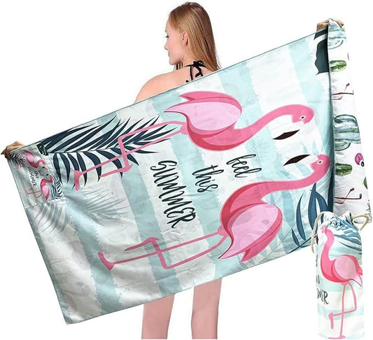 Beach Towel Oversized,Thin Microfiber Beach Towel ,Super Absorbent Quick Dry Sand Free Cute Flamingo Cool Swim Beach Towels for Kids,Men,Women,Boys,Girls with Zipper Pocket Travel Bag (flamingos)